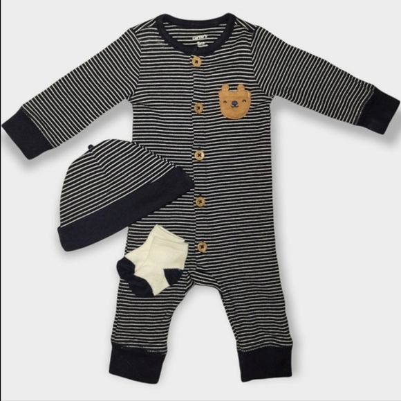 Carter's Matching Striped Bear Jumpsuit With Hat & Socks Size 3m - Picture 7 of 8
